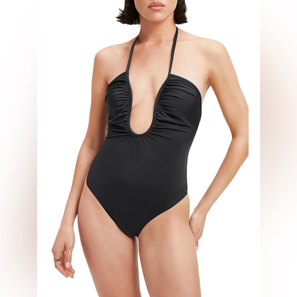 NWT Good American Womens Leilani Halter Plunging One-Piece Swimsuit